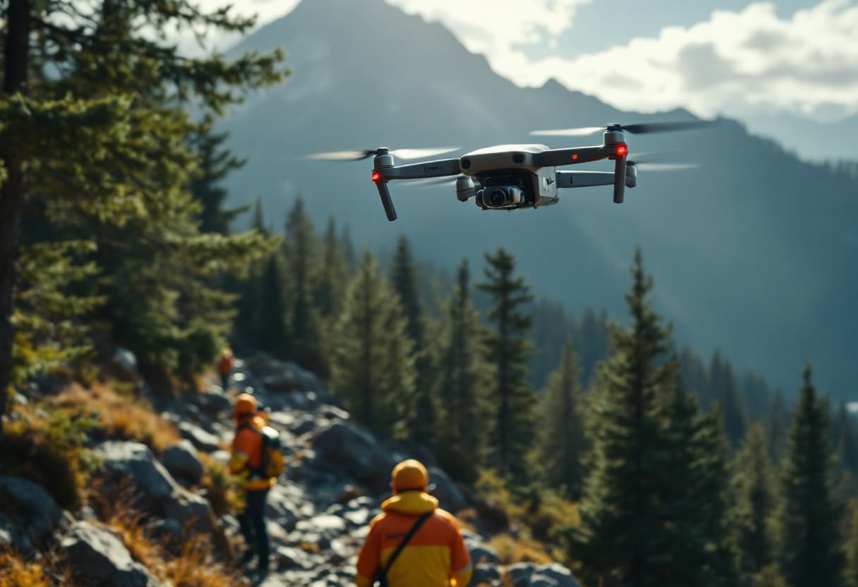Recreación de un dron de búsqueda y rescate sobrevolando un bosque de montaña mientras un equipo de rescate revisa el sendero — ilustración generada por IA a modo de referencia, pendiente de sustituir por fotografía real del prototipo Guardian Eye en campo